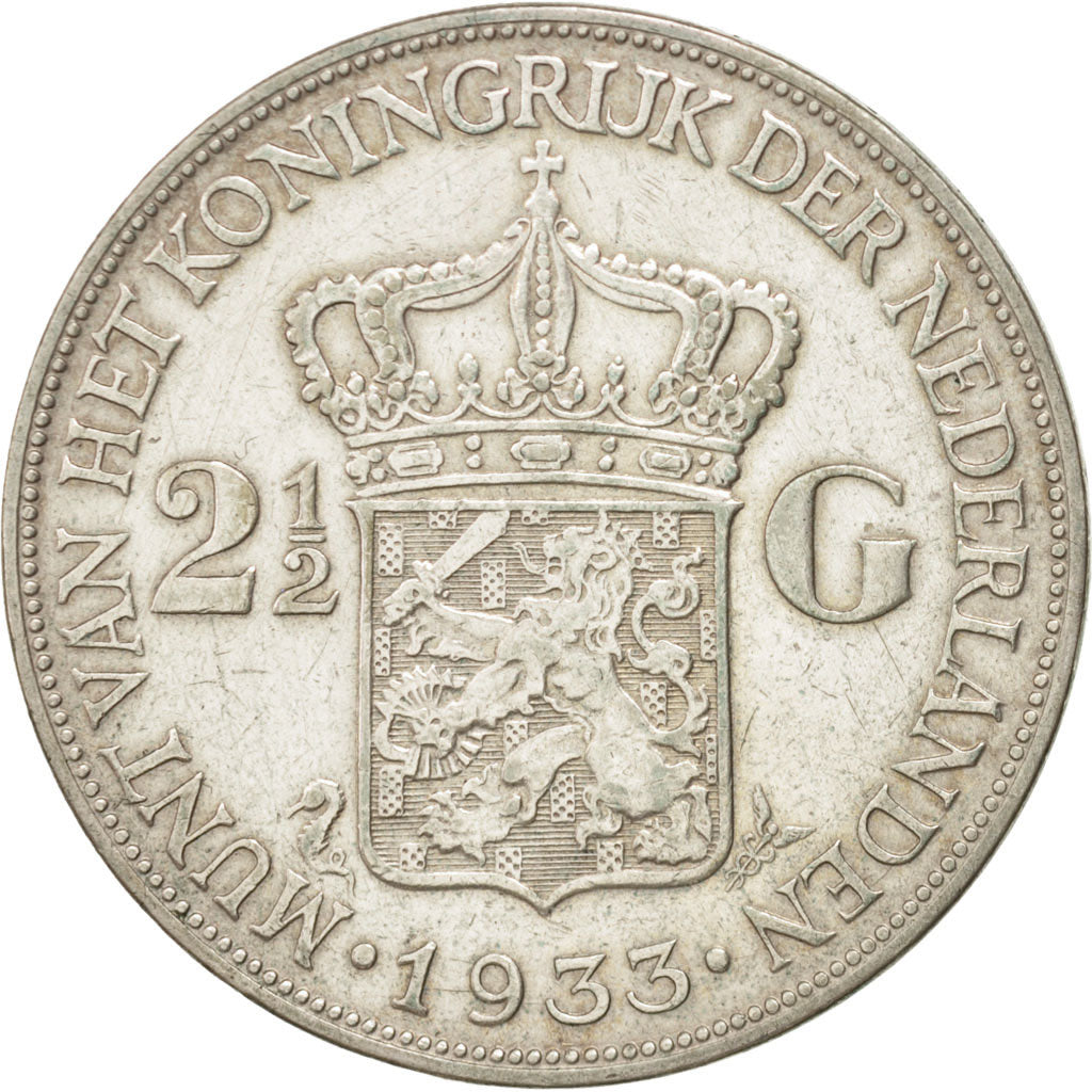 NETHERLANDS, 2-1/2 Gulden, 1933, KM #165, EF(40-45), Silver, 38, 24.93