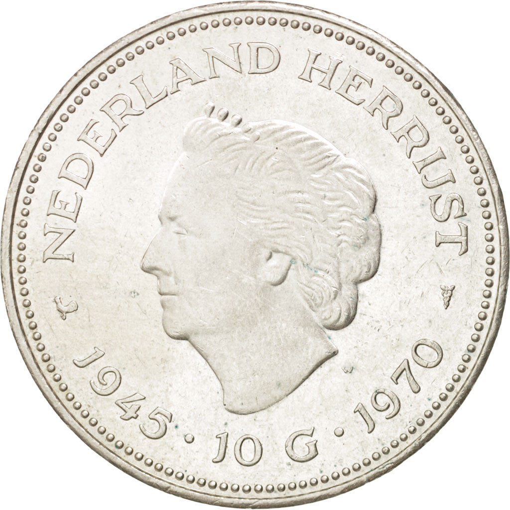 NETHERLANDS, 10 Gulden, 1970, KM #195, AU(55-58), Silver, 38, 25.00