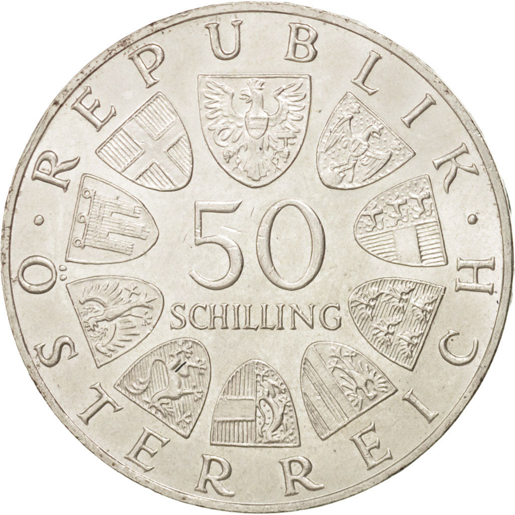 AUSTRIA, 50 Schilling, 1965, KM #2898, AU(55-58), Silver, 34, 20.09
