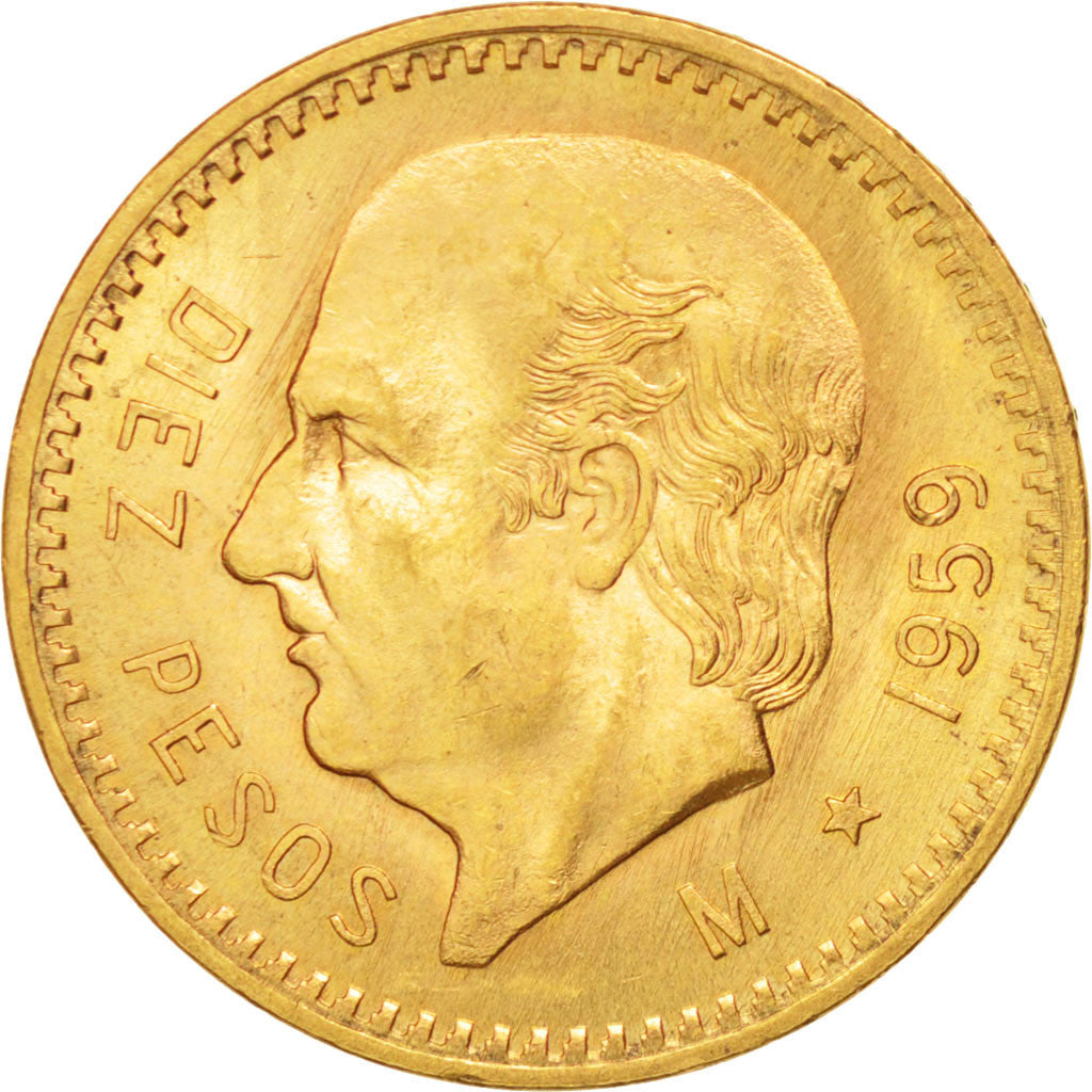 MEXICO, 10 Pesos, 1959, Mexico City, KM #473, AU(55-58), Gold, 22.5, 8.35