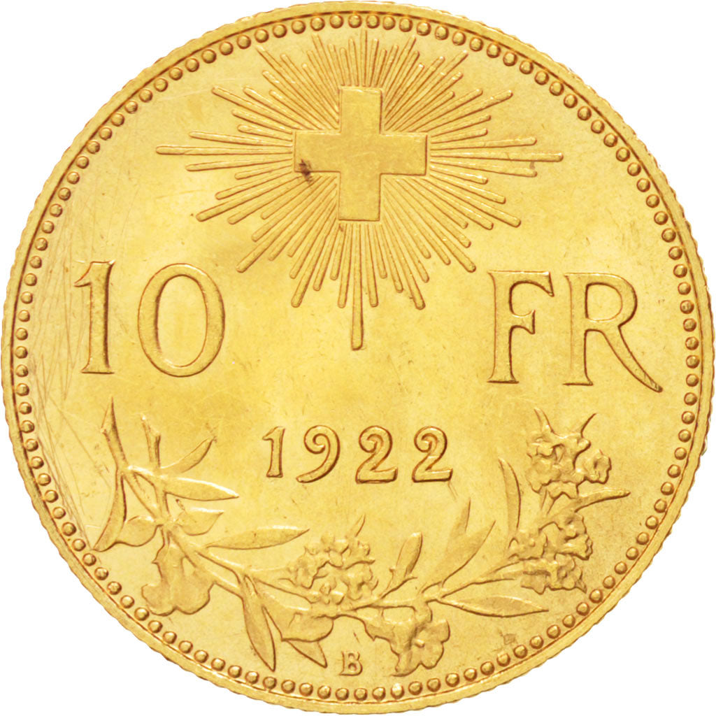 Coin, Switzerland, 10 Francs, 1922, Bern, AU(55-58), Gold, KM:36