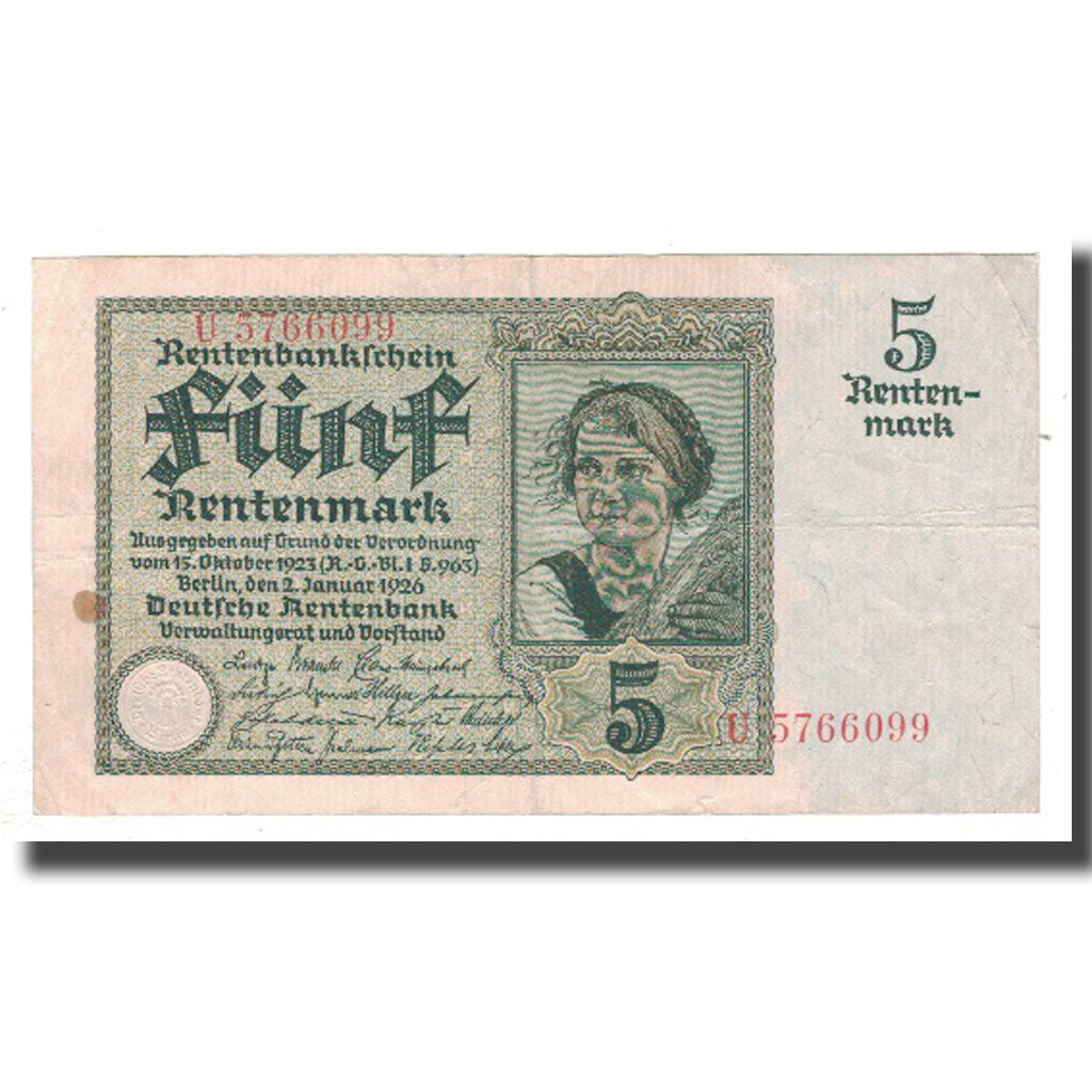 Banknote, Germany, 5 Rentenmark, 1926, 1926-01-02, KM:169, VF(30-35)