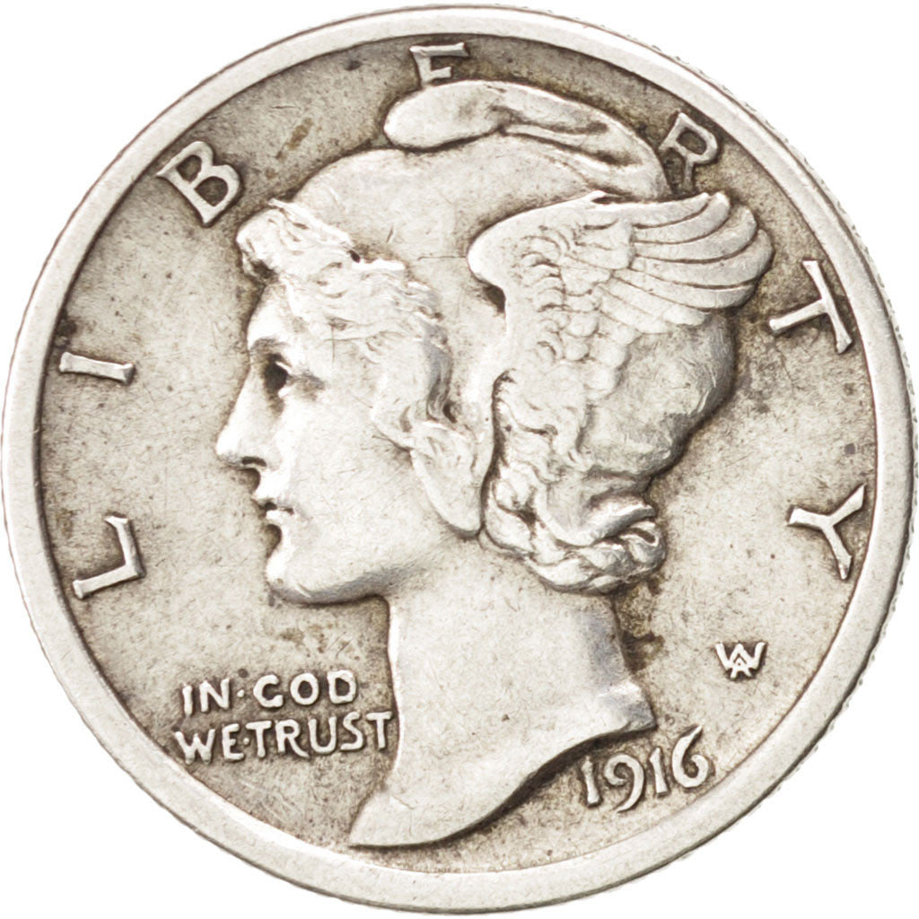UNITED STATES, Mercury Dime, Dime, 1916, U.S. Mint, KM #140, EF(40-45), Silver,.