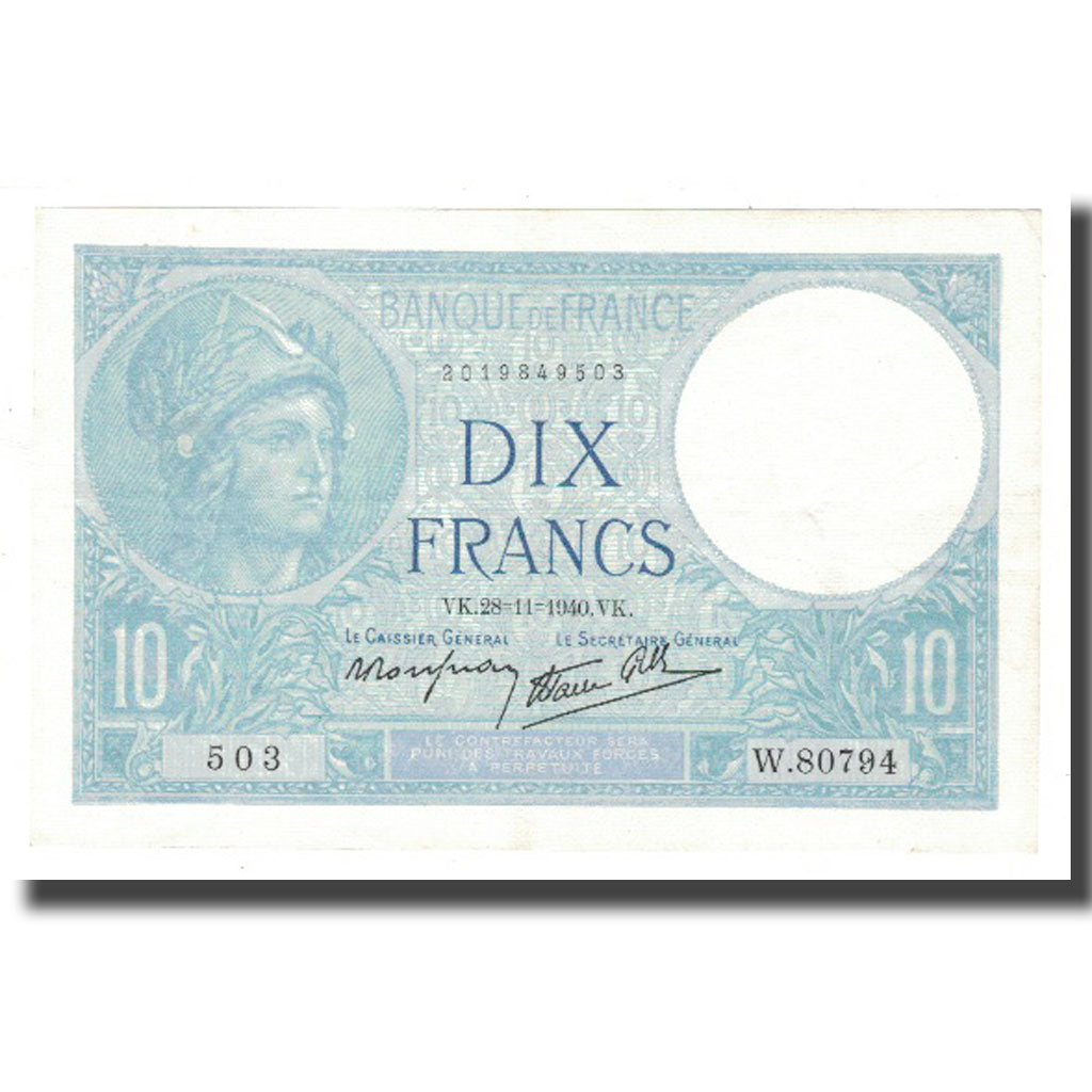 Francja, 10 Francs, Minerve, 1940, 1940-11-28, VF(30-35), Fayette:7.22, KM:84