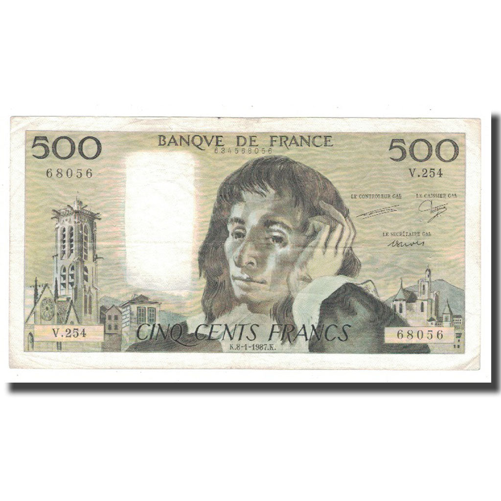 France, 500 Francs, Pascal, 1987, 1987-01-08, VF(30-35), Fayette:71.35, KM:156f