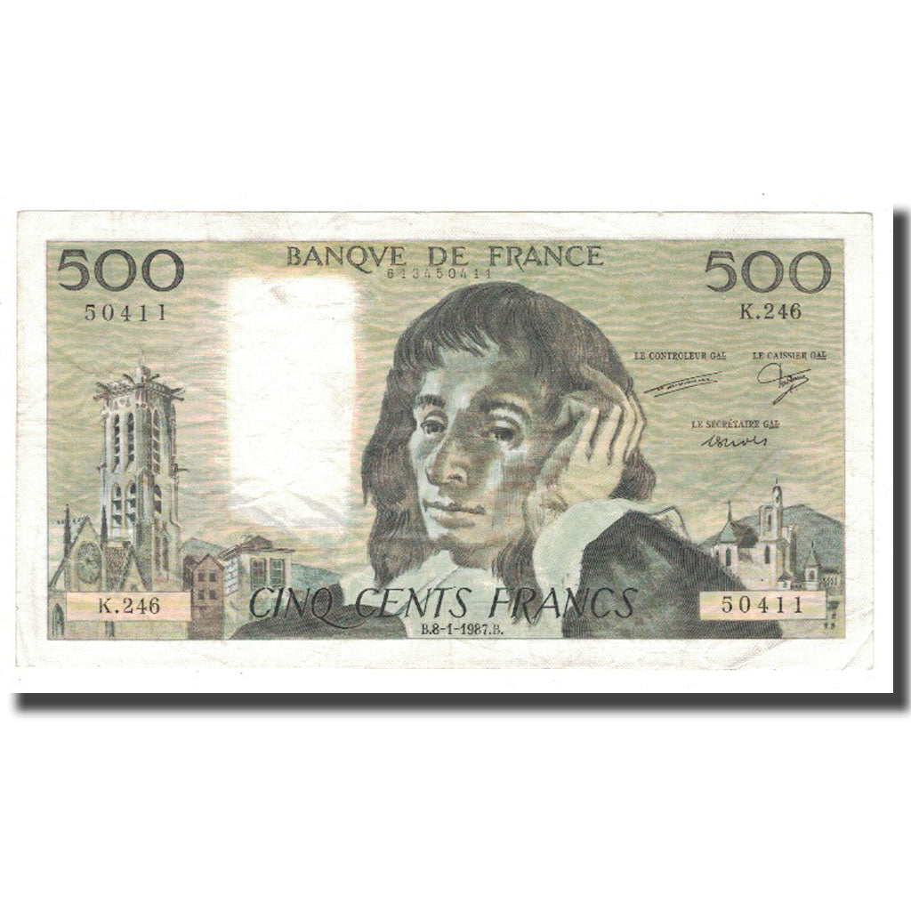 France, 500 Francs, Pascal, 1987, 1987-01-08, VF(20-25), Fayette:71.35, KM:156f