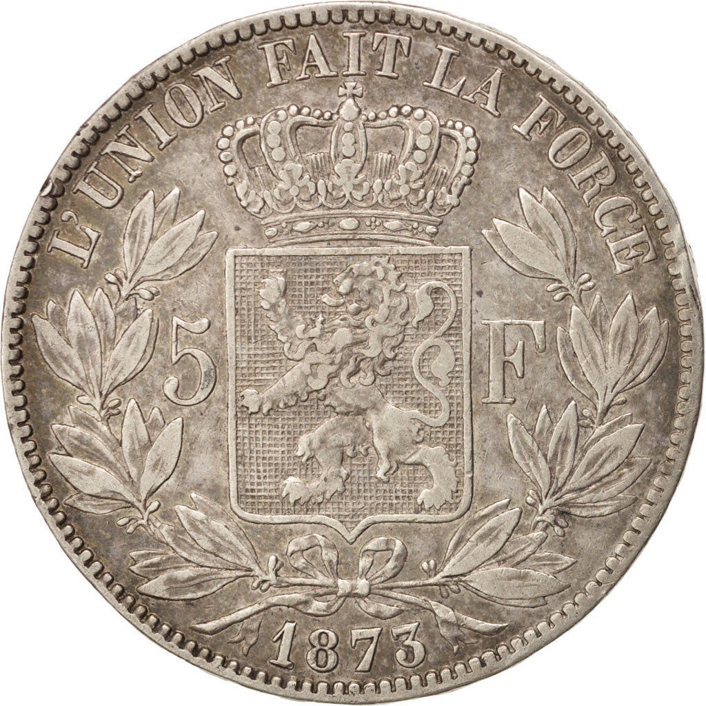 BELGIUM, 5 Francs, 5 Frank, 1873, KM #24, EF(40-45), Silver, 24.86