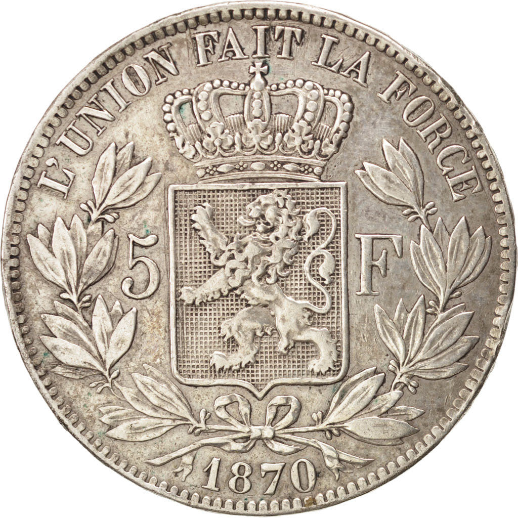 BELGIUM, 5 Francs, 5 Frank, 1870, KM #24, EF(40-45), Silver, 24.73