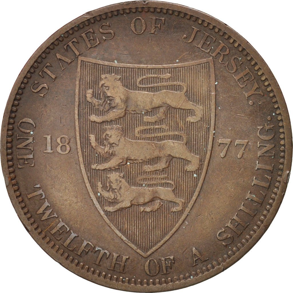 JERSEY, 1/12 Shilling, 1877, Heaton, KM #8, EF(40-45), Bronze, 30.69, 9.08
