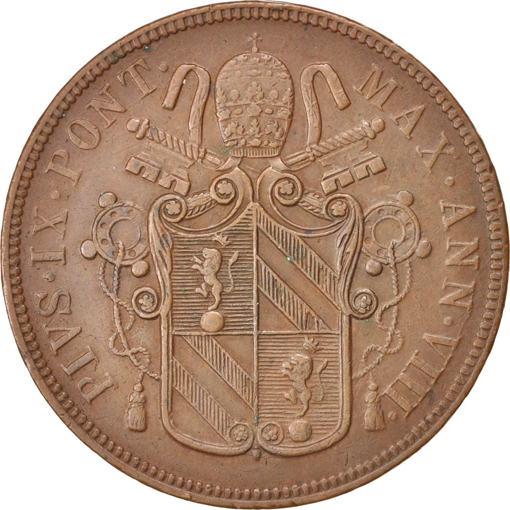 ITALIAN STATES, 5 Baiocchi, 1853, Roma, KM #1356, AU(50-53), Copper, 39.00