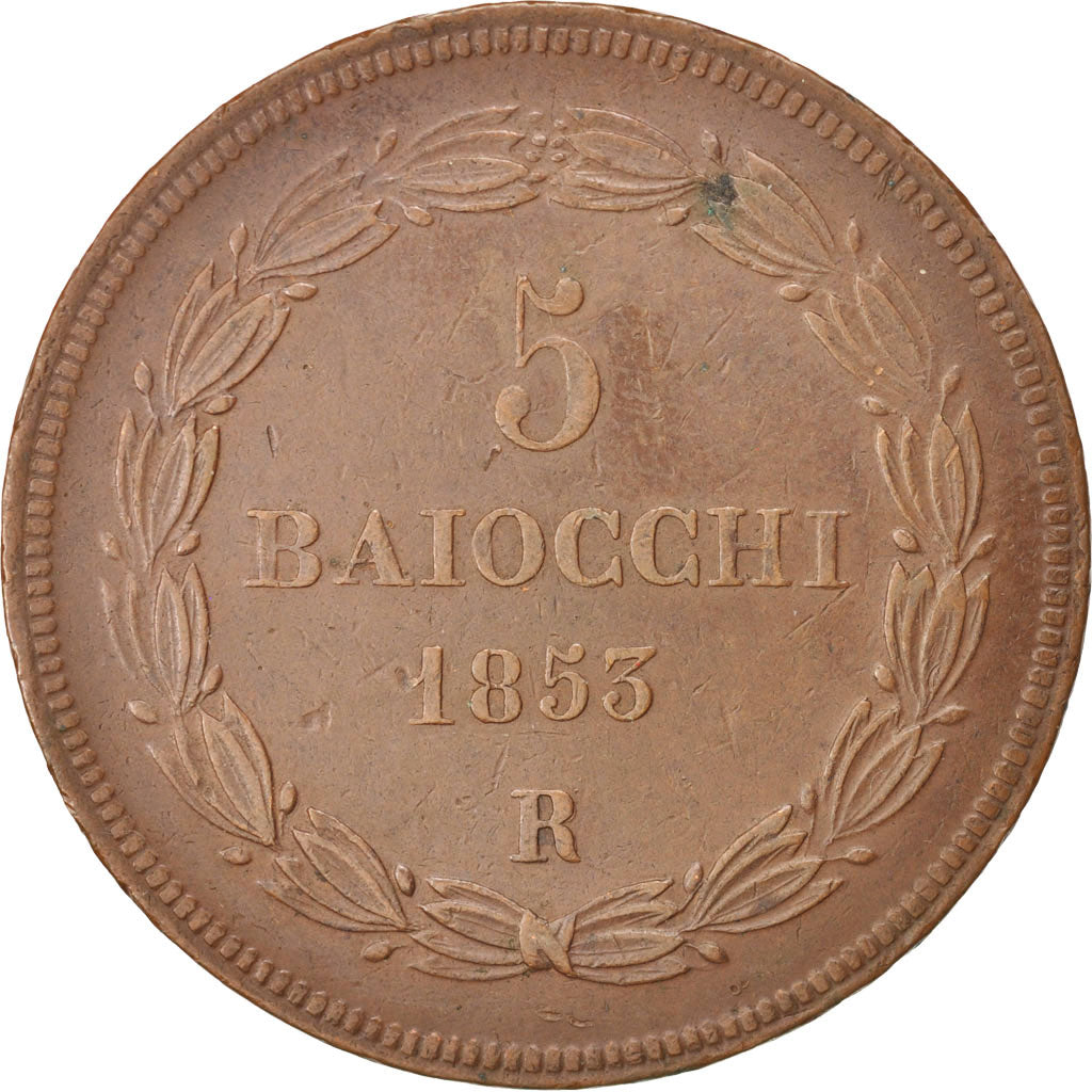 ITALIAN STATES, 5 Baiocchi, 1853, Roma, KM #1356, AU(50-53), Copper, 39.00