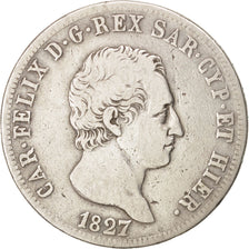 ITALIAN STATES, 5 Lire, 1827, Torino, KM #116.1, VF(20-25), Silver, 37, 24.29