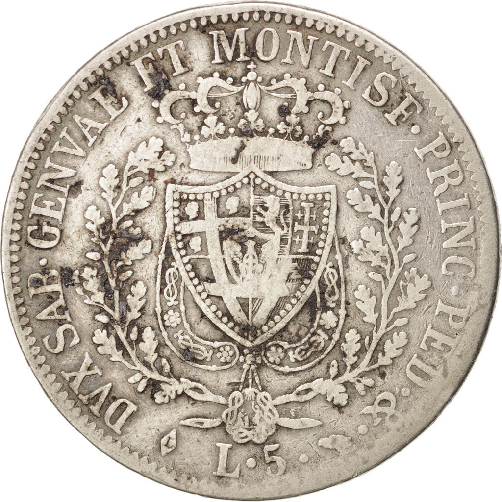 ITALIAN STATES, 5 Lire, 1827, Torino, KM #116.1, VF(20-25), Silver, 37, 24.29