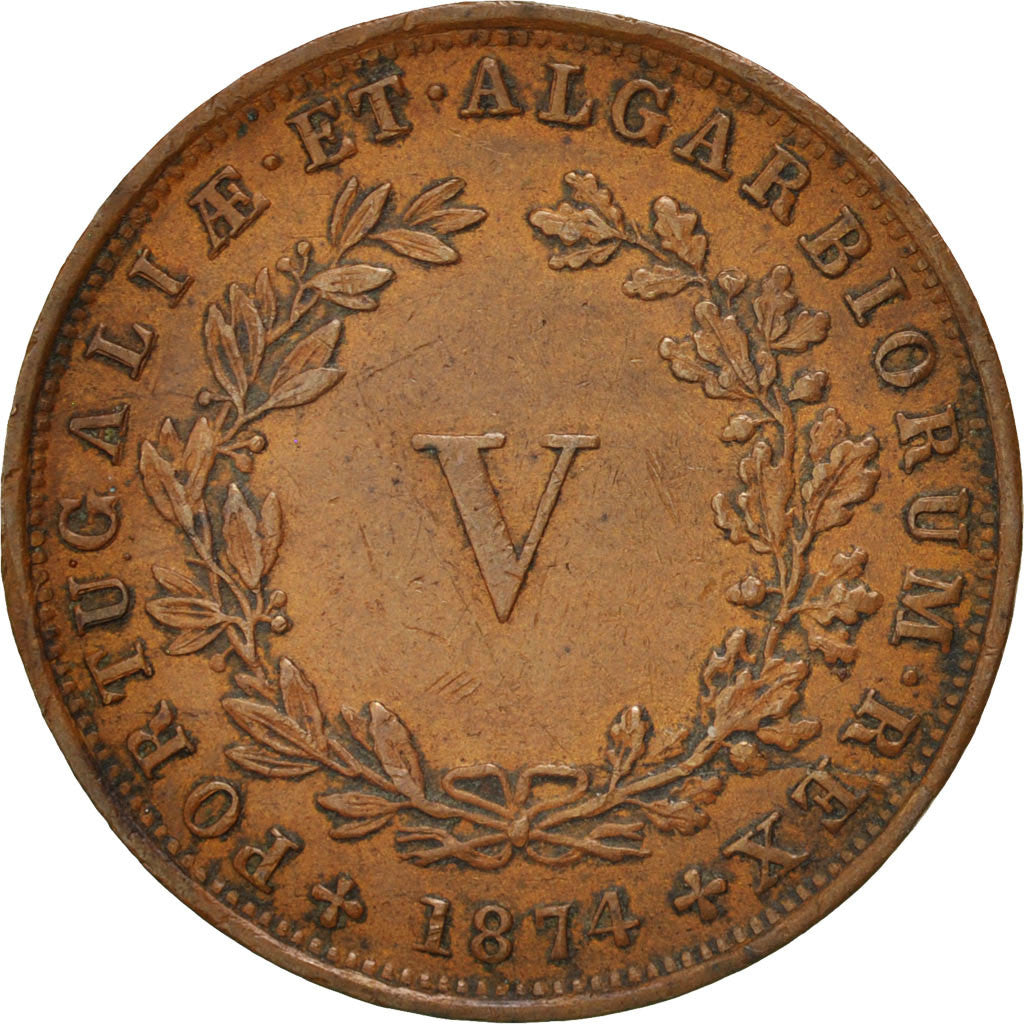 PORTUGAL, 5 Reis, 1874, KM #513, AU(50-53), Copper, 5.93
