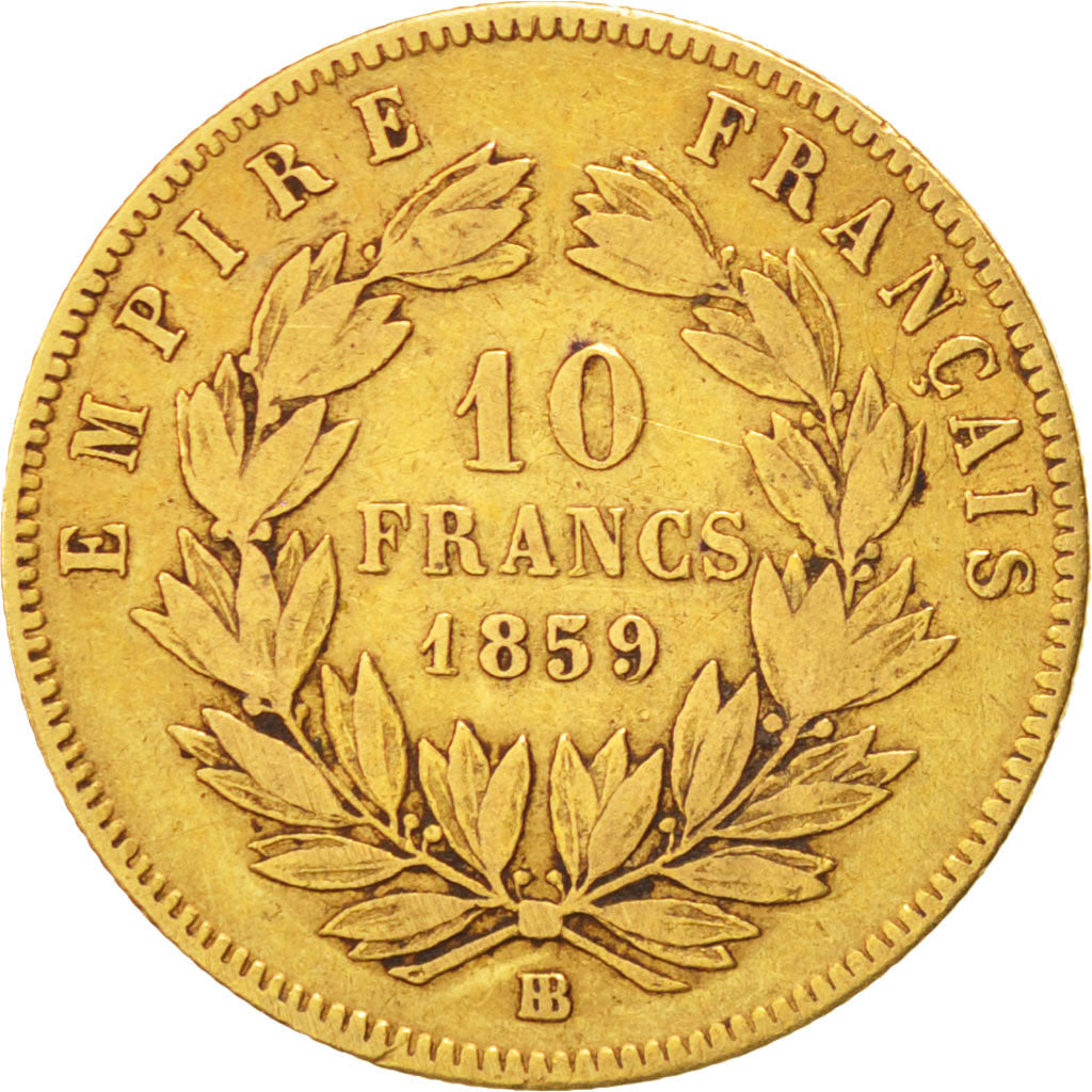 FRANCE, Napoléon III, 10 Francs, 1859, Strasbourg, KM #784.4, VF(20-25), Gold, G