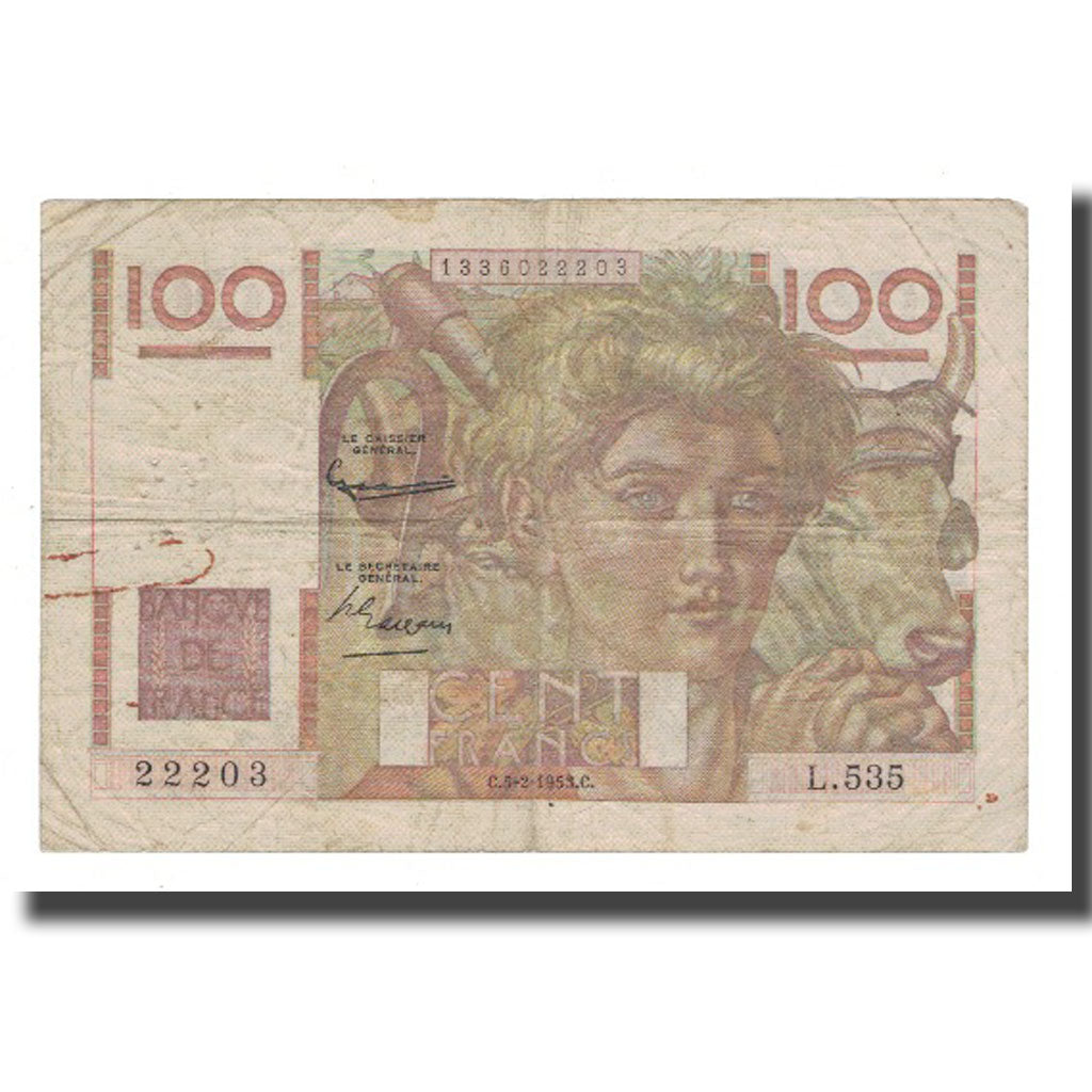 França, 100 Francs, 1953, 1953-02-05, AG(1-3), Fayette:28.37, KM:128e
