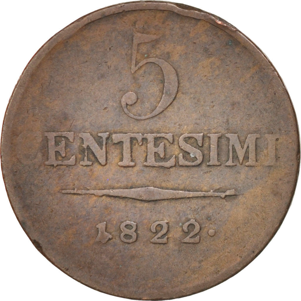 ITALIAN STATES, 5 Centesimi, 1822, Milan, KM #3.2, EF(40-45), Copper, 8.56