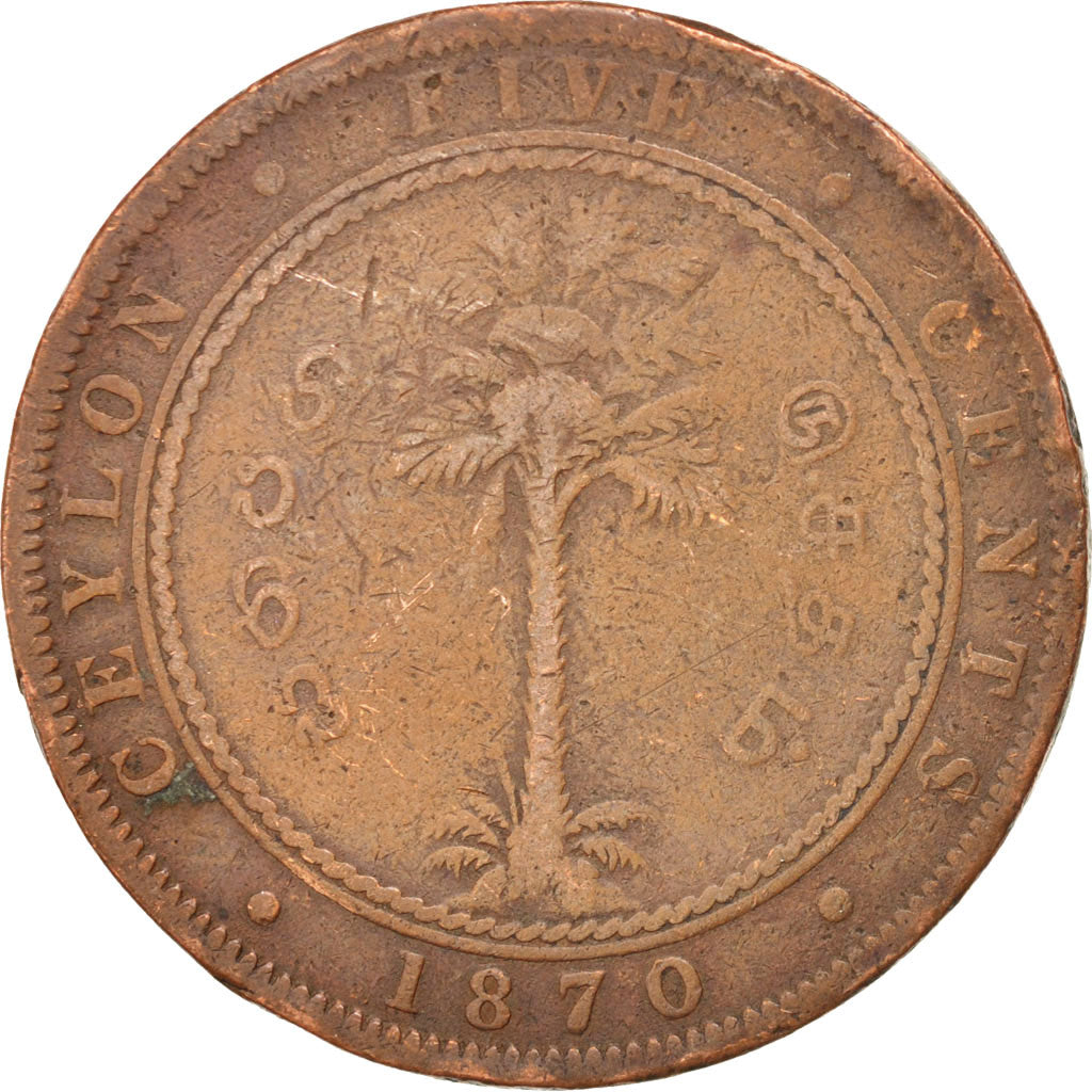 CEYLON, 5 Cents, 1870, KM #93, VF(20-25), Copper, 18.18