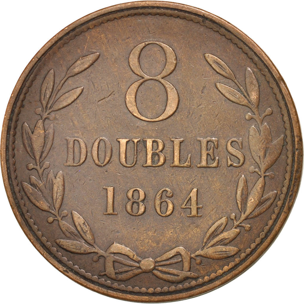 GUERNSEY, 8 Doubles, 1864, Heaton, KM #7, EF(40-45), Bronze, 31.6, 8.74