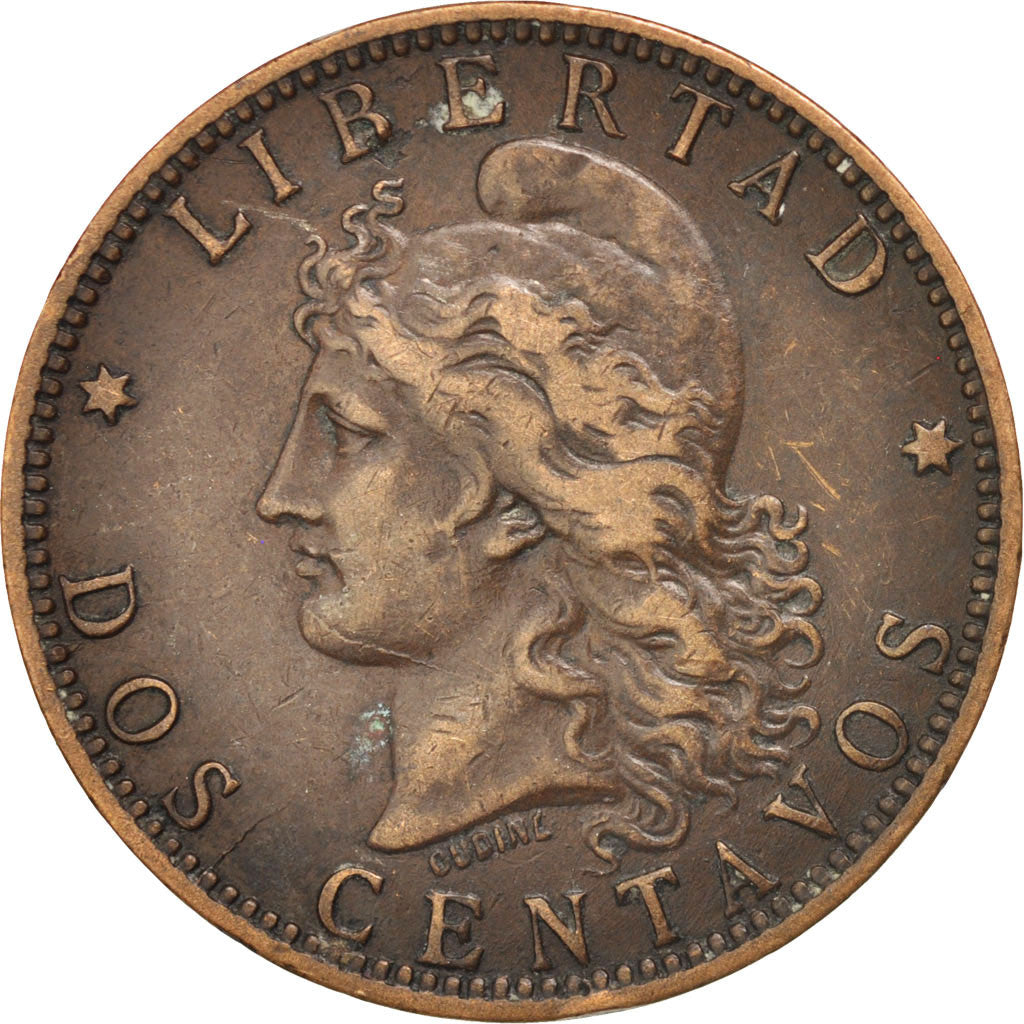 ARGENTINA, 2 Centavos, 1890, KM #33, EF(40-45), Bronze, 30, 9.92