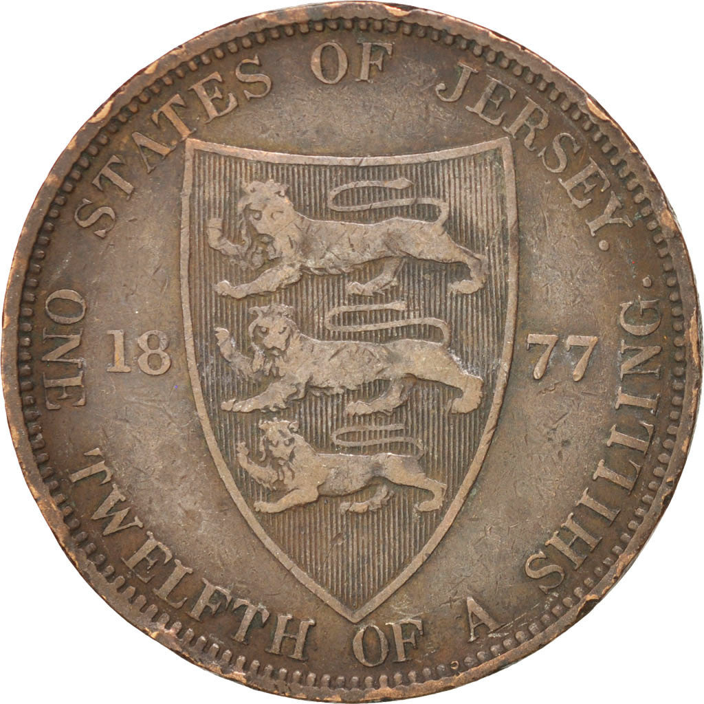 JERSEY, 1/12 Shilling, 1877, Heaton, KM #8, VF(30-35), Bronze, 30.69, 9.19