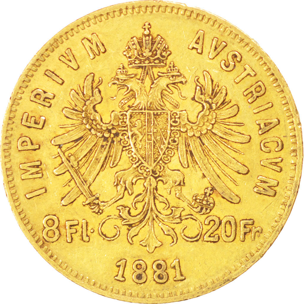 Autriche, François Joseph, 20 Francs ou 8 Florins 1881, KM 2269