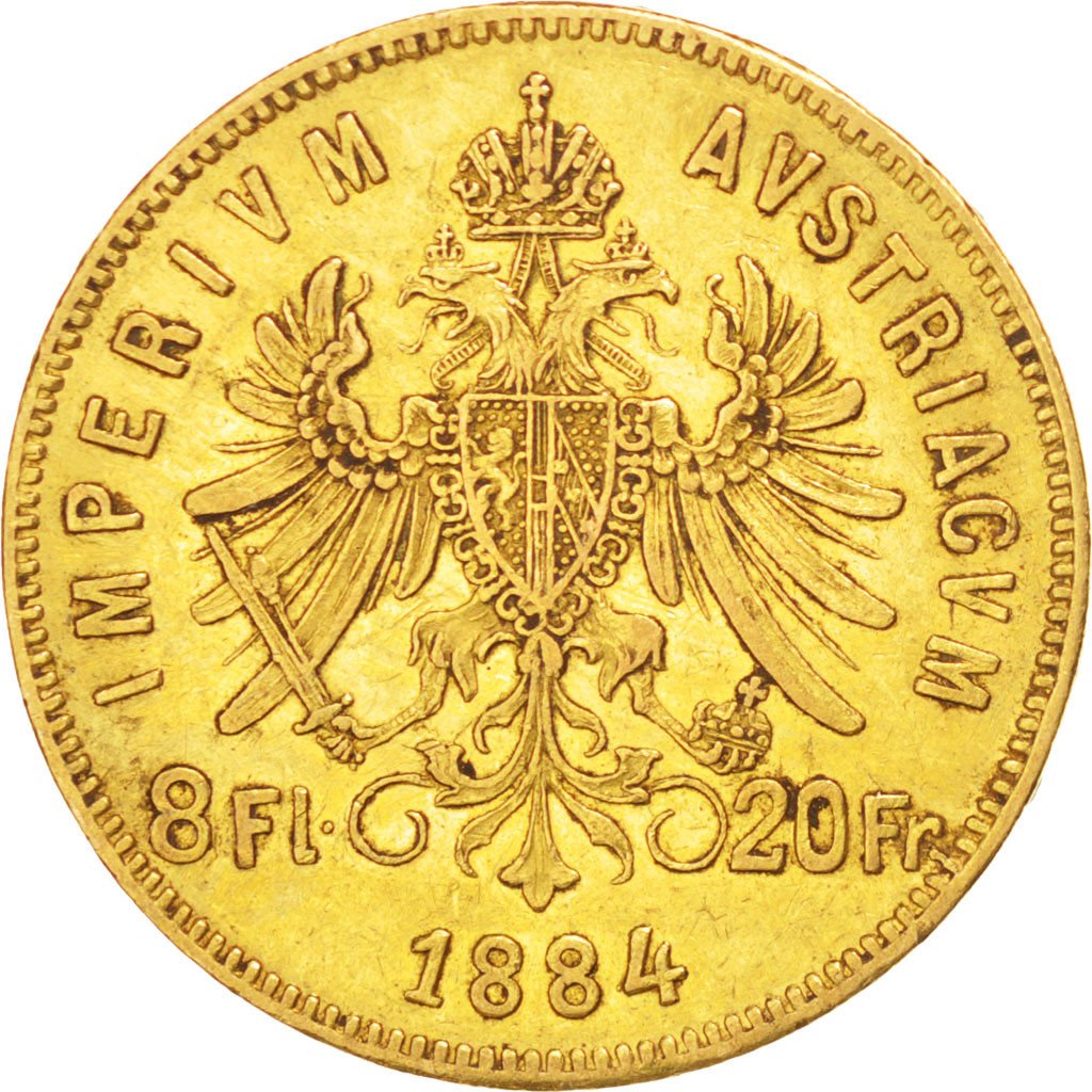 AUSTRIA, 8 Florins-20 Francs, 1884, KM #2269, EF(40-45), Gold, 6.44