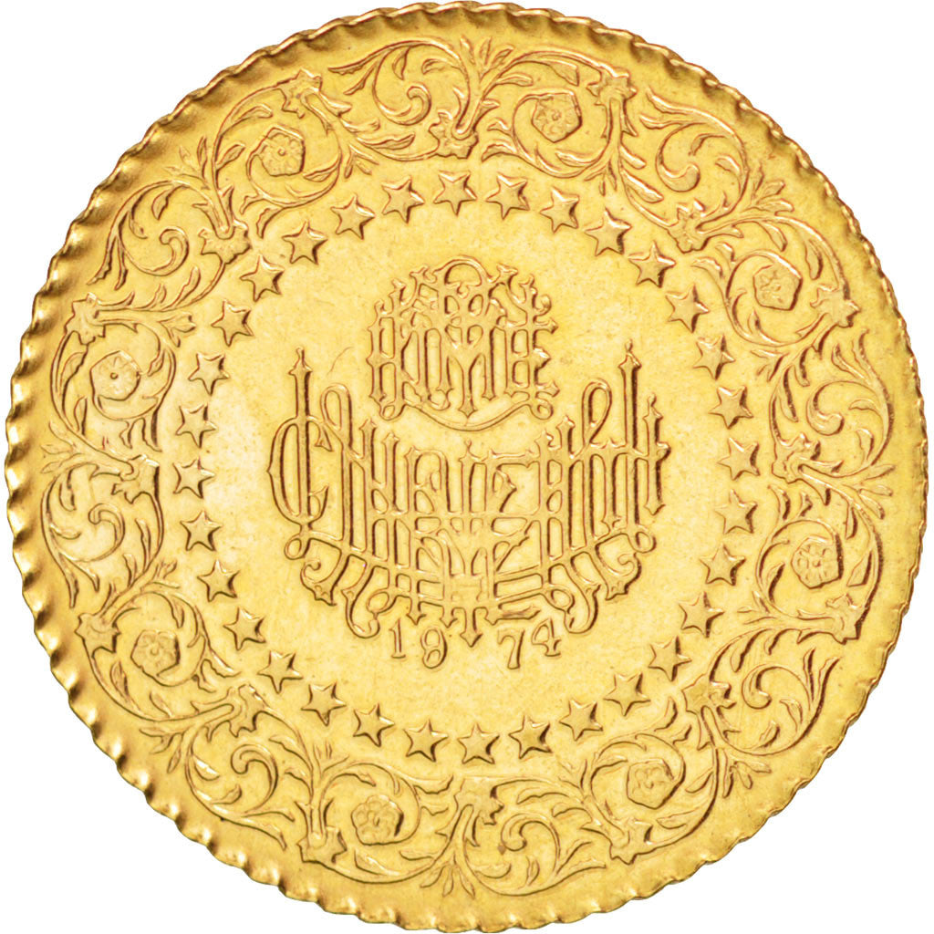 TURKEY, 25 Kurush, 1974, KM #870, AU(55-58), Gold, 1.75