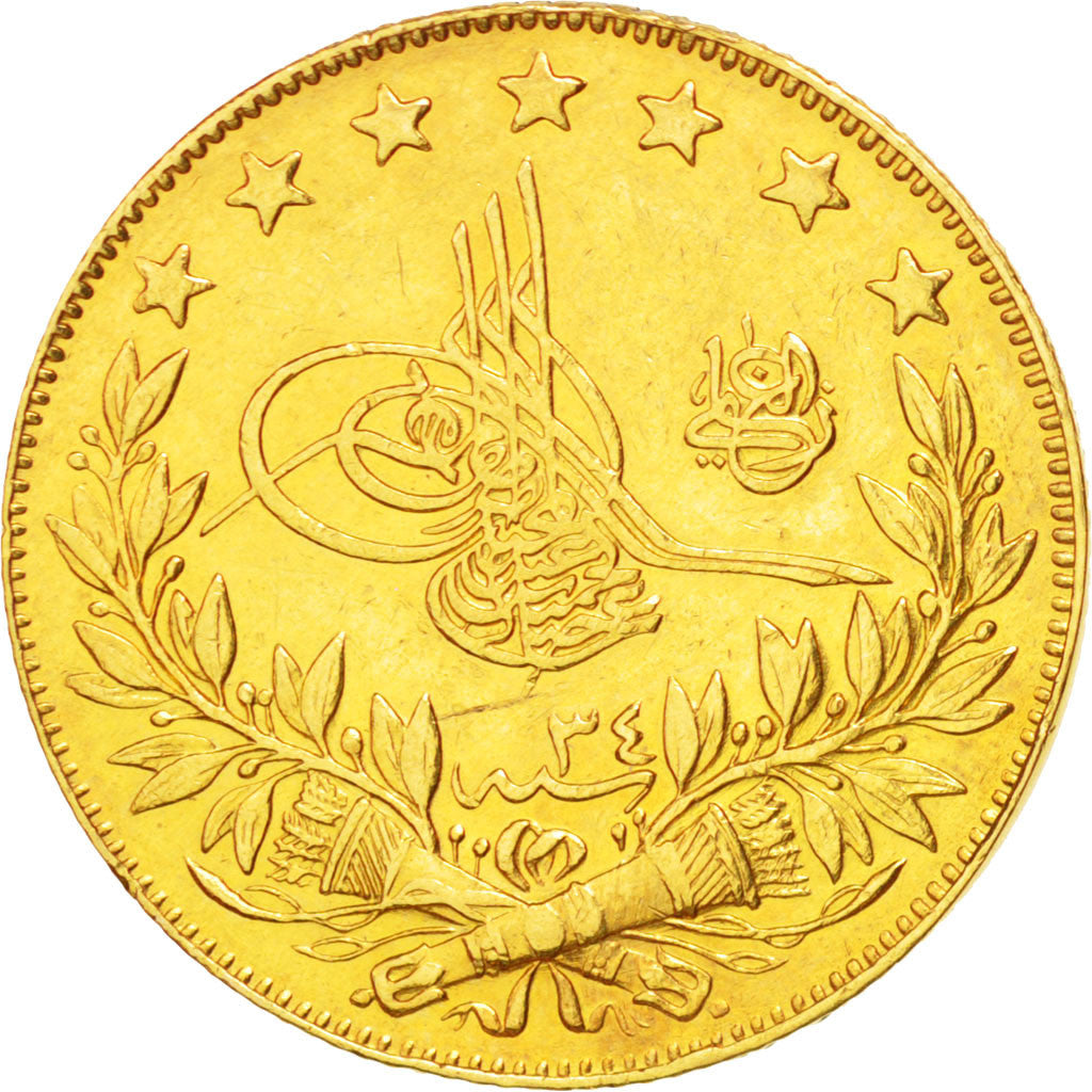 TURKEY, 100 Kurush, 1909, Qustantiniyah, KM #730, AU(55-58), Gold, 7.16