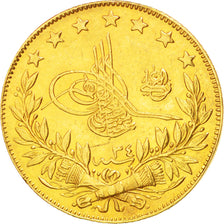 TURKEY, 100 Kurush, 1909, Qustantiniyah, KM #730, AU(55-58), Gold, 7.16