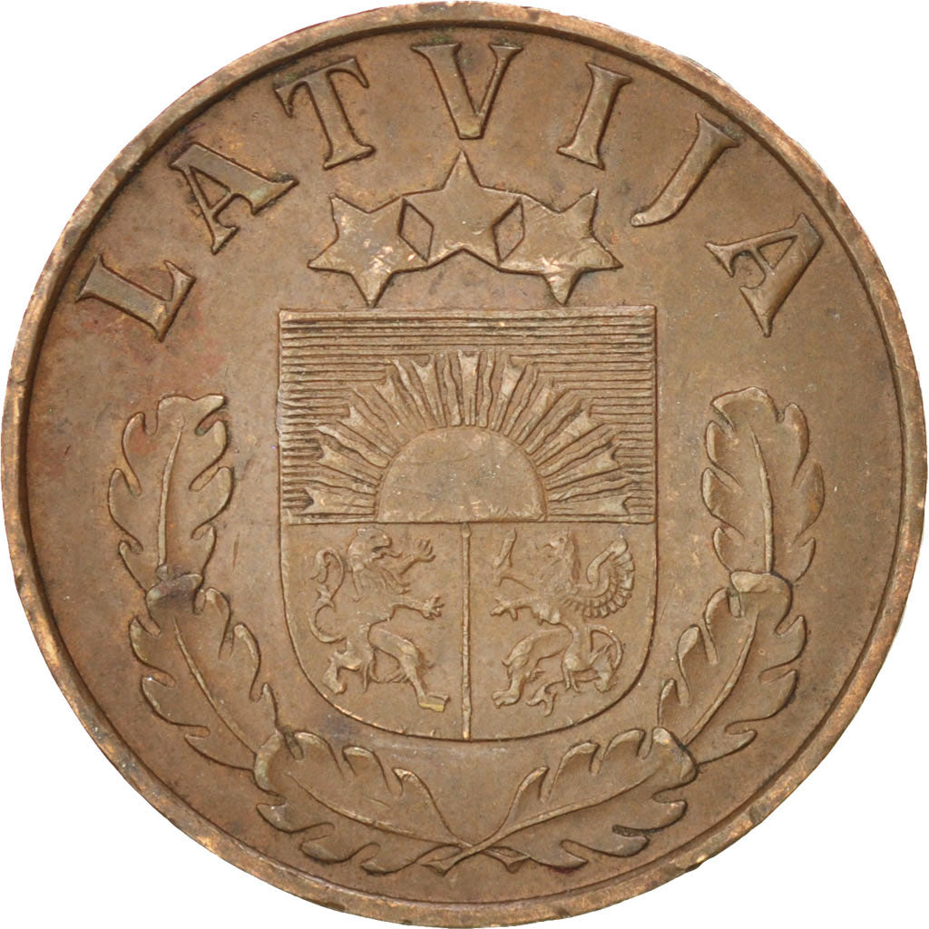 LATVIA, 2 Santimi, 1939, KM #11.2, AU(50-53), Bronze, 19.5, 2.02