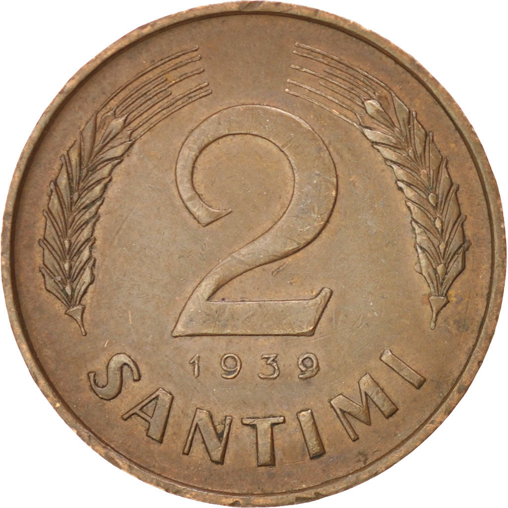 LATVIA, 2 Santimi, 1939, KM #11.2, AU(50-53), Bronze, 19.5, 2.02