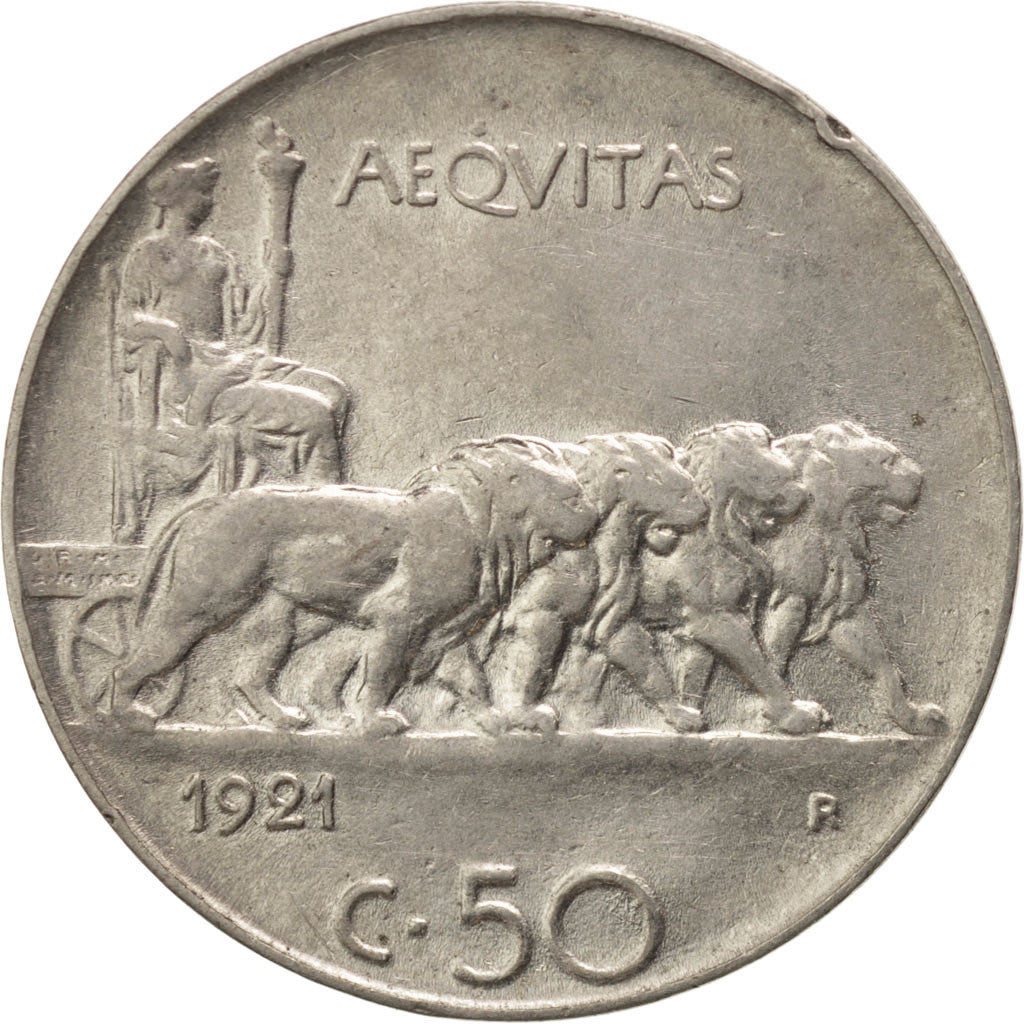 Italie, Victor Emmanuel III, 50 Centesimi 1921 Rome, tranche lisse, KM 61.1
