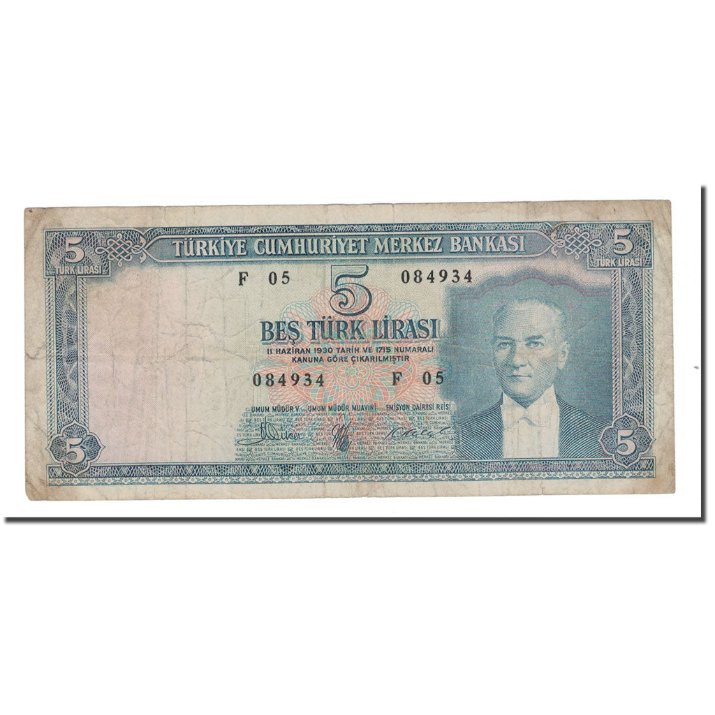 Banknote, Turkey, 5 Lira, 1930, 1930-06-11, KM:174a, VF(20-25)