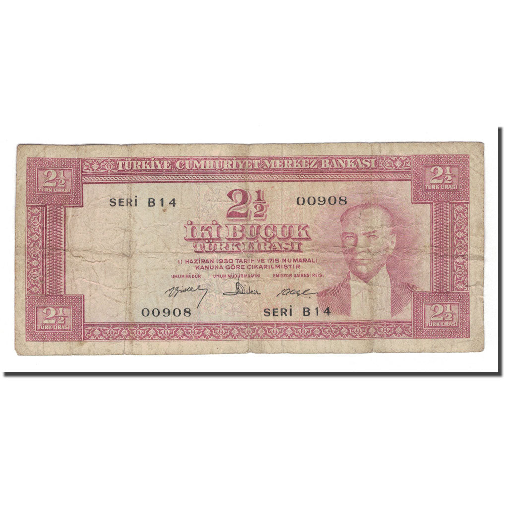 Banknote, Turkey, 2 1/2 Lira, 1930, 1930-06-11, KM:153a, VF(20-25)