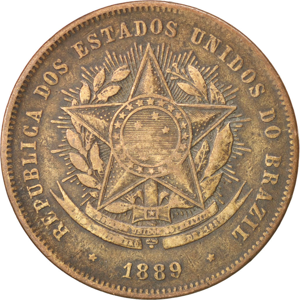 BRAZIL, 20 Reis, 1889, KM #490, EF(40-45), Bronze, 25, 6.86