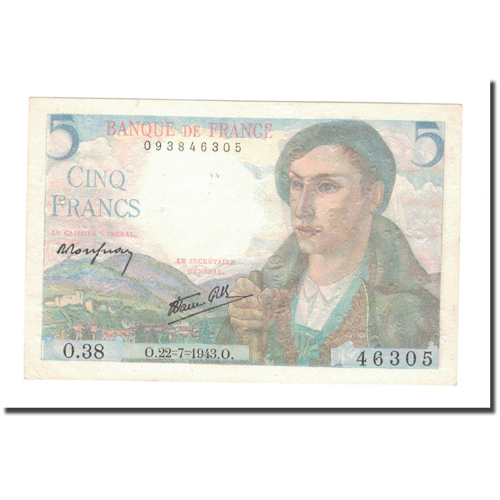 France, 5 Francs, 1943, 1943-07-22, AU(50-53), Fayette:5.2, KM:98a
