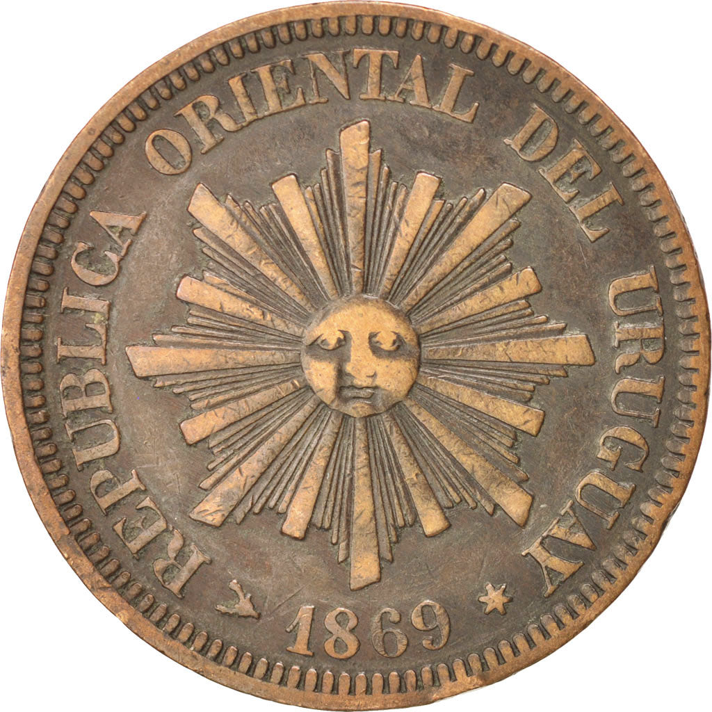 URUGUAY, 2 Centesimos, 1869, Uruguay Mint, KM #12, EF(40-45), Bronze, 29.9, 9.74