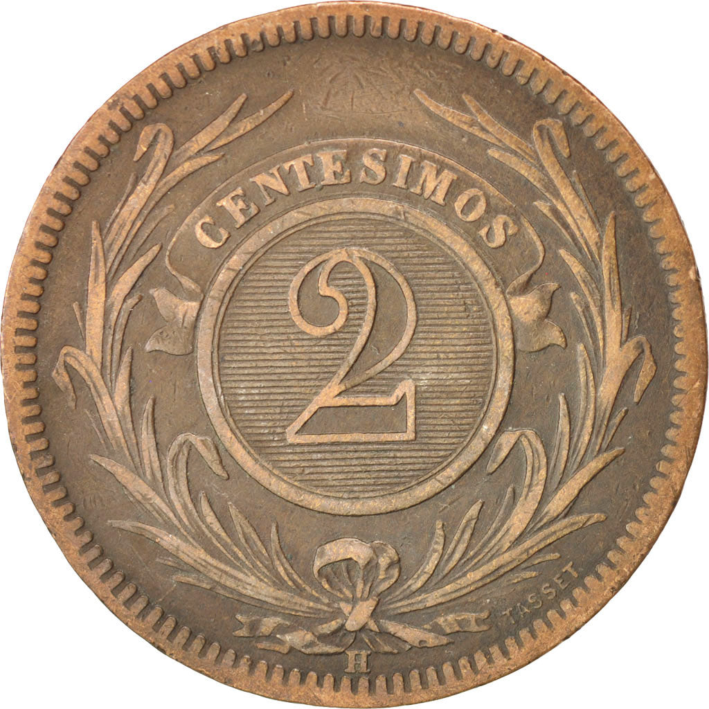 URUGUAY, 2 Centesimos, 1869, Uruguay Mint, KM #12, EF(40-45), Bronze, 29.9, 9.74