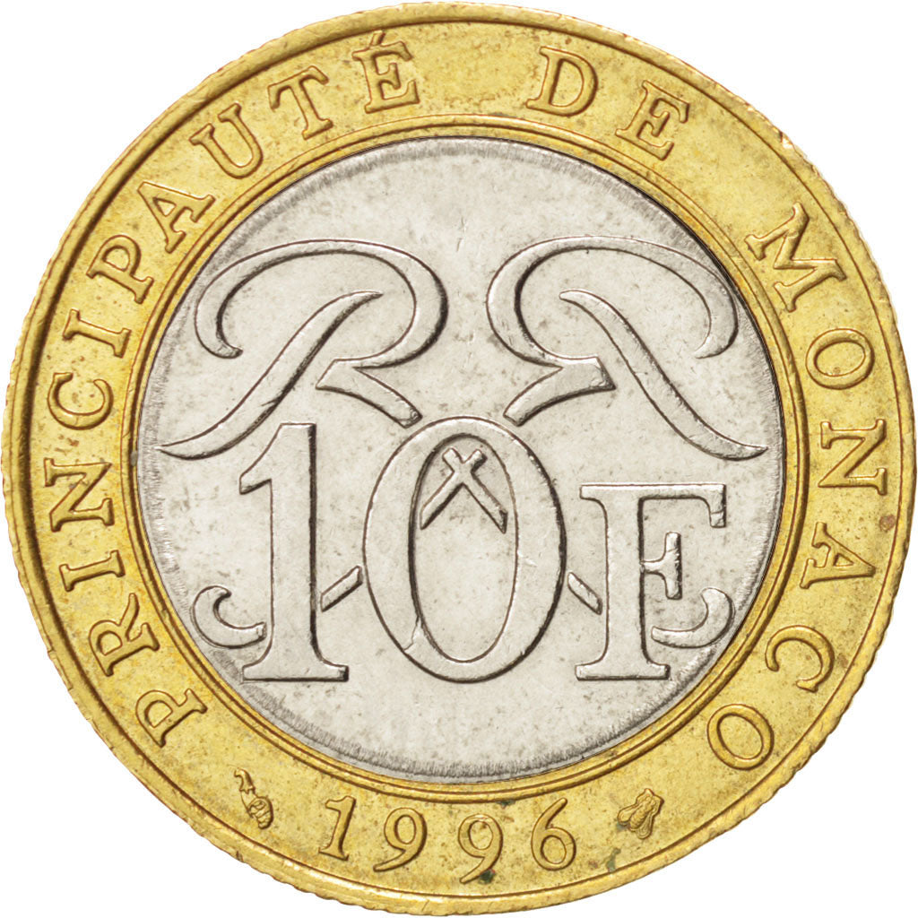 MONACO, 10 Francs, 1996, KM #163, AU(50-53), Bi-Metallic, 23, Gadoury #MC 160,..