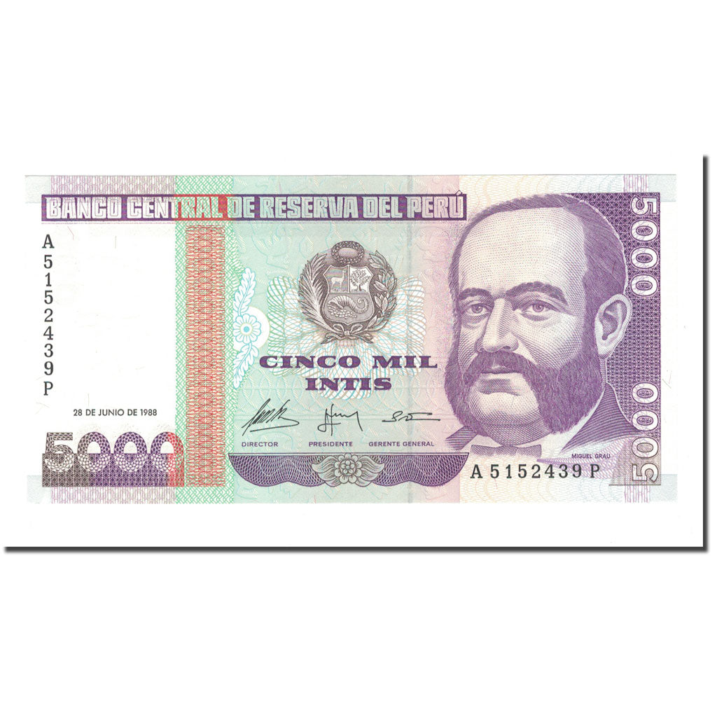 Banknote, Peru, 5000 Intis, 1988, 1988-06-28, KM:138, UNC(65-70)