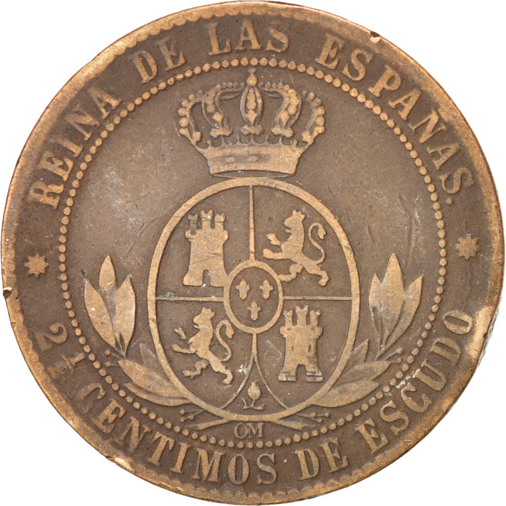 Spain, 2 1/2 Centimos, 1868, KM #634.1, VF(30-35), Copper, 5.82