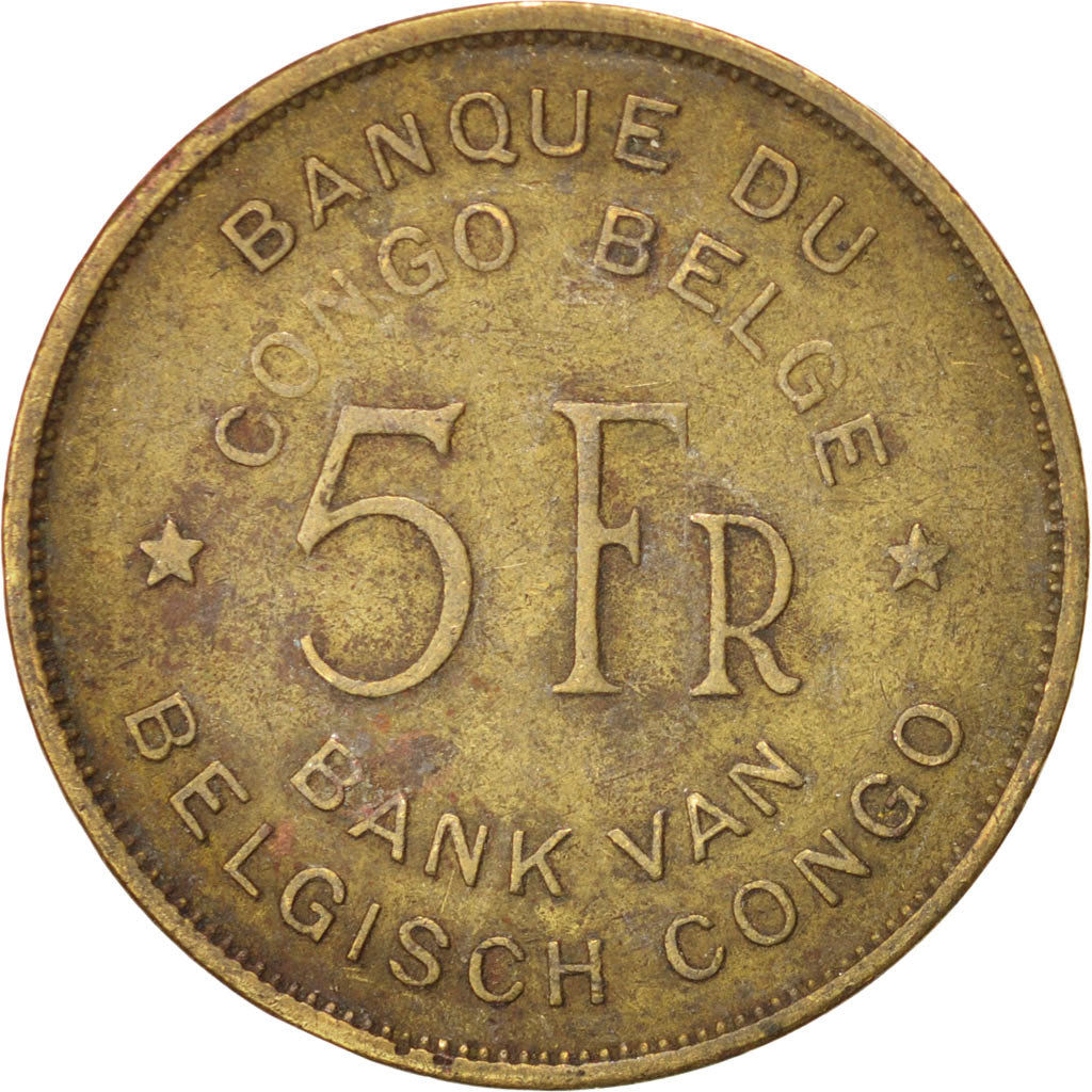 BELGIAN CONGO, 5 Francs, 1947, KM #29, EF(40-45), Brass, 7.83