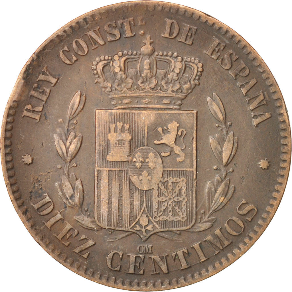 Spain, 10 Centimos, 1879, KM #675, EF(40-45), Bronze, 9.65