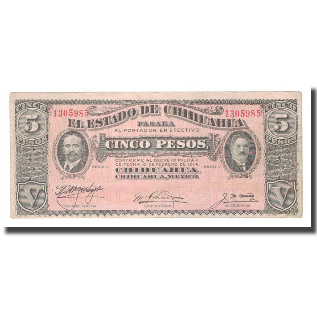 Banknote, Mexico - Revolutionary, 5 Pesos, 1914, 1914-02-10, KM:S531f, VF(20-25)