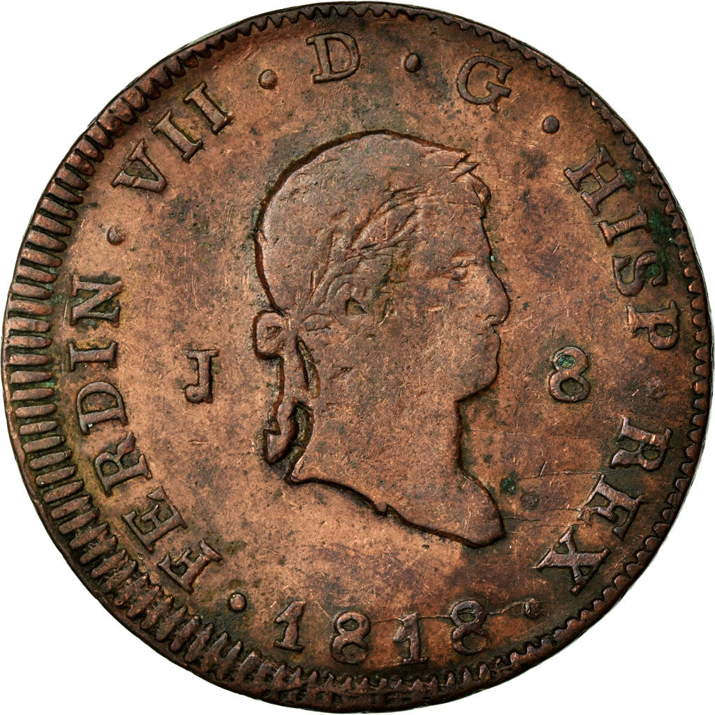Moneda, España, Ferdinand VII, 8 Maravedis, 1818, Jubia, MBC, Cobre, KM:491
