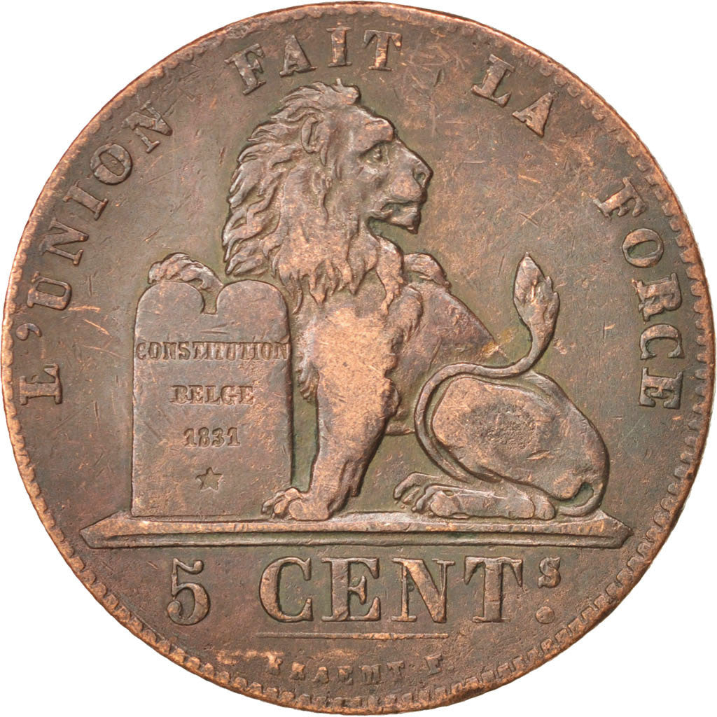BELGIUM, 5 Centimes, 1859, KM #5.1, VF(30-35), Copper, 28.3, 9.84