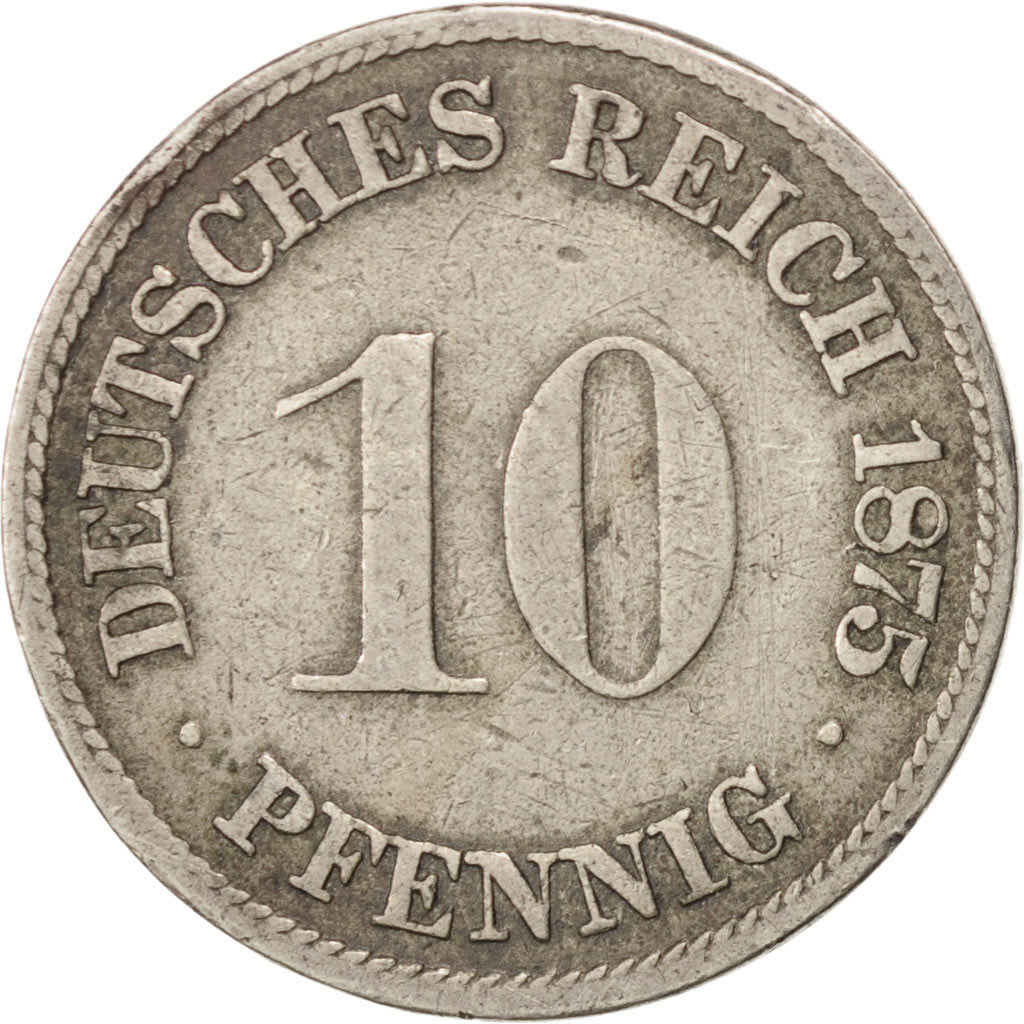 GERMANY - EMPIRE, 10 Pfennig, 1875, Stuttgart, KM #4, EF(40-45), Copper-Nickel,.