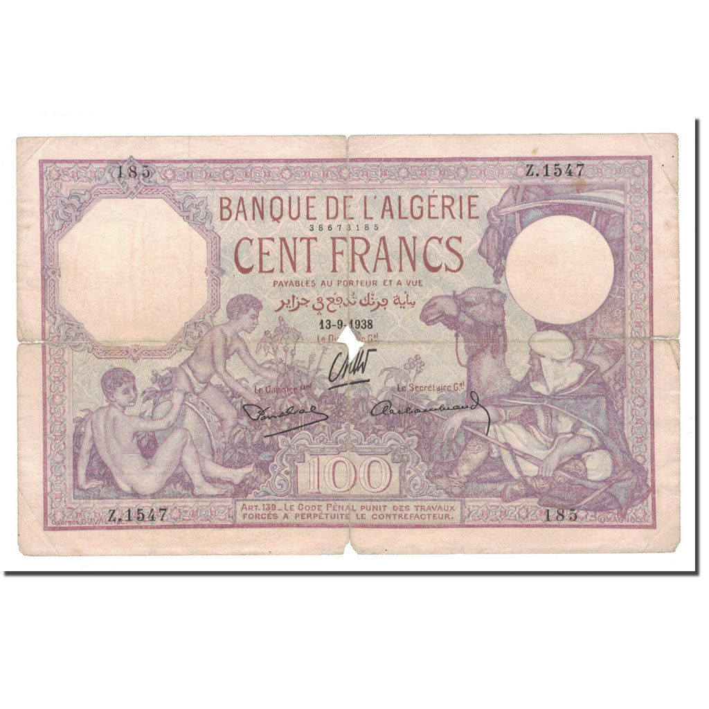 Banknote, Algeria, 100 Francs, 1938, 1938-09-13, KM:81b, VG(8-10)