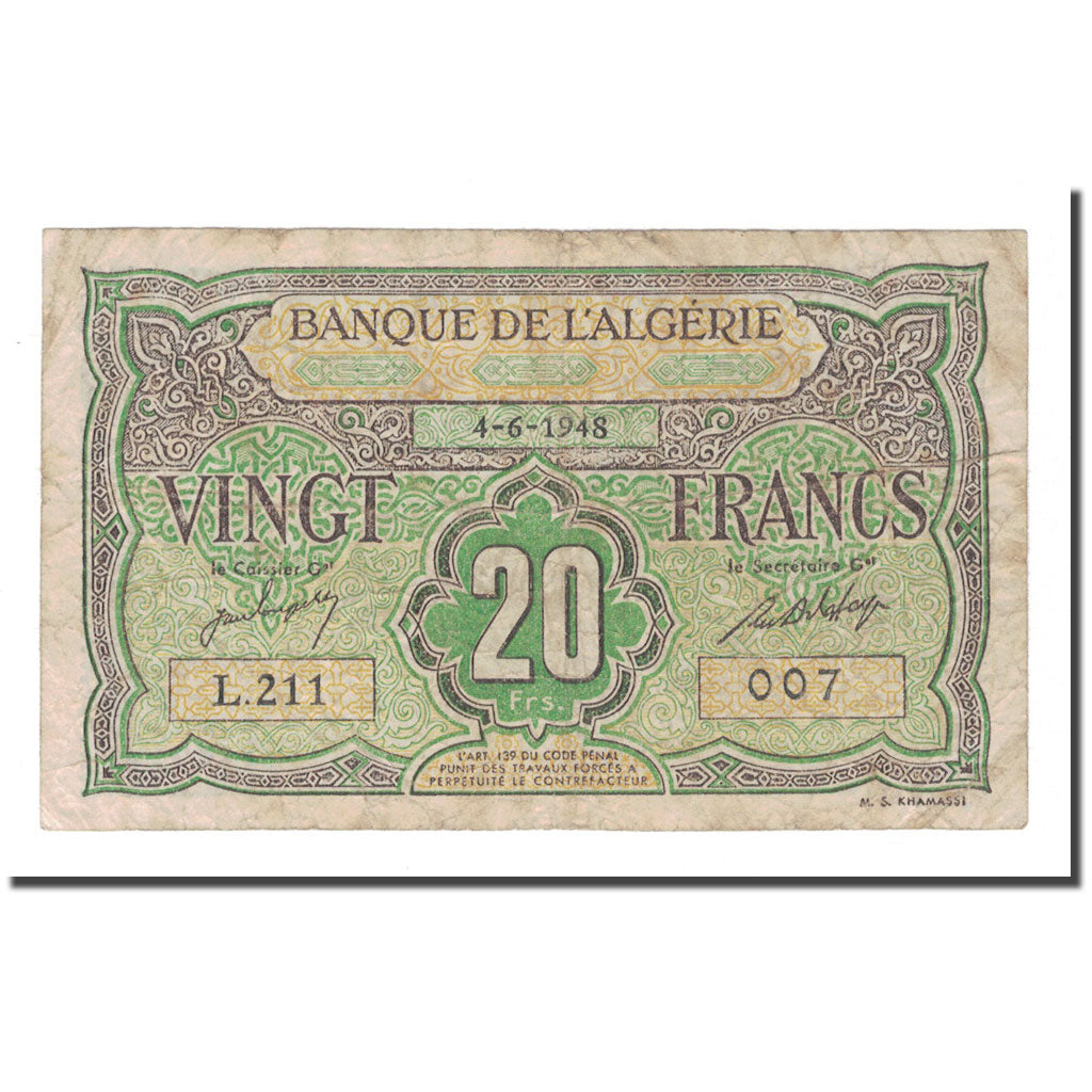 Banknote, Algeria, 20 Francs, 1948, 1948-06-04, KM:103, VF(20-25)